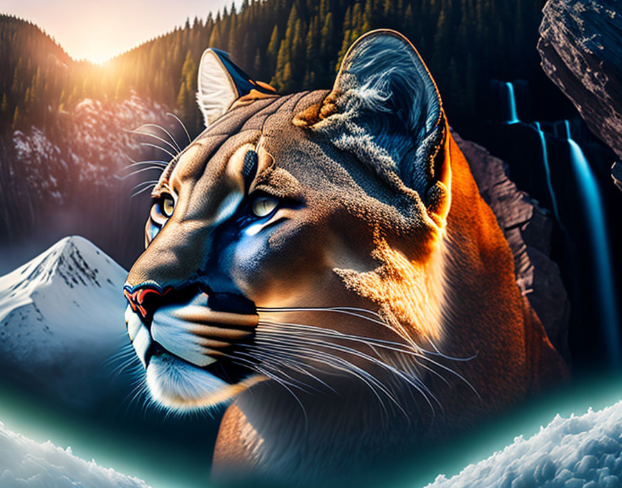 Digital artwork: Tiger face merged with snowy mountain landscape at sunrise