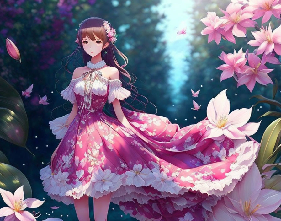 Anime girl in pink floral dress surrounded by blooming flowers