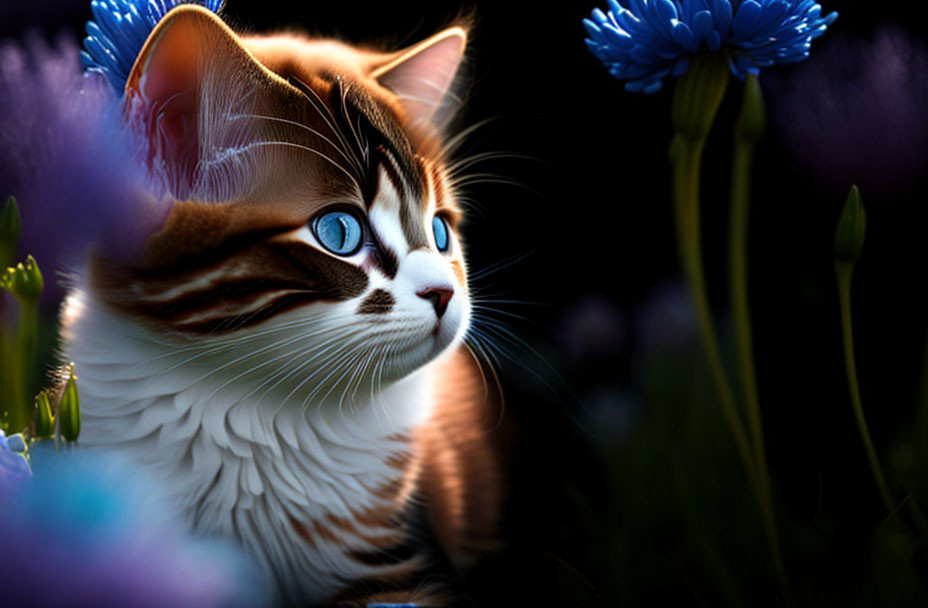 Brown and White Striped Cat with Blue Eyes Surrounded by Purple and Blue Flowers