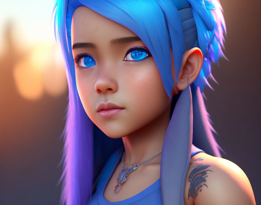 3D-rendered image of a girl with vibrant blue hair and captivating eyes