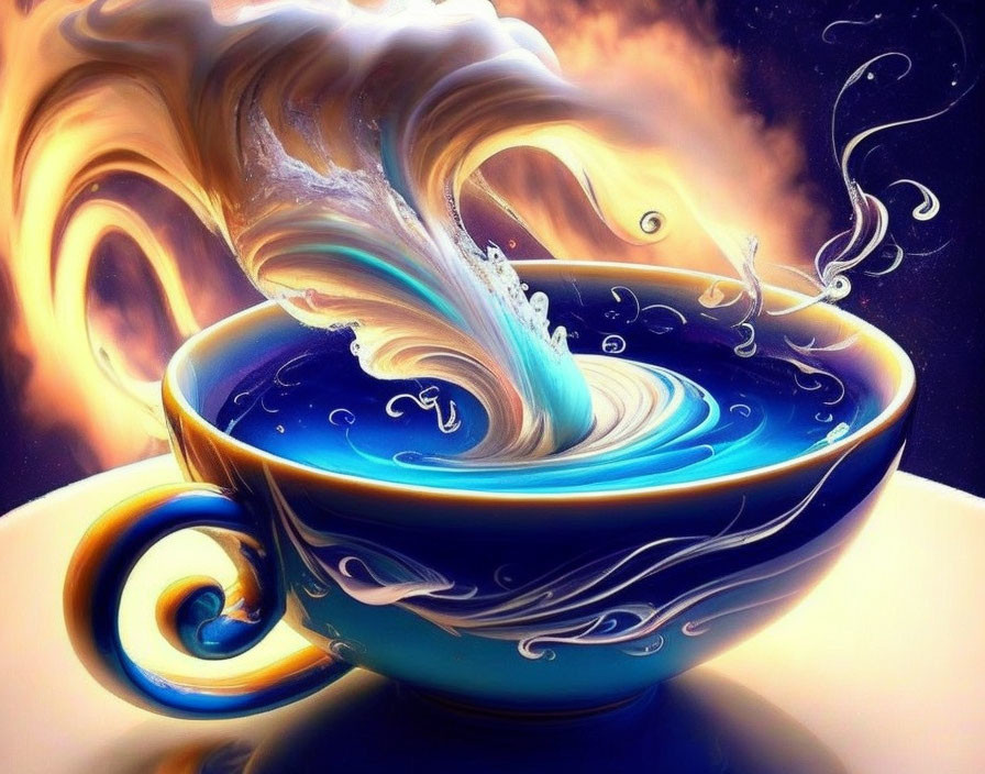 Surreal digital artwork: blue cup with creamy swirl on cosmic backdrop