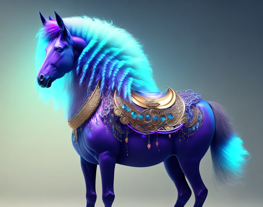 Majestic purple horse with luminous blue mane and golden tack