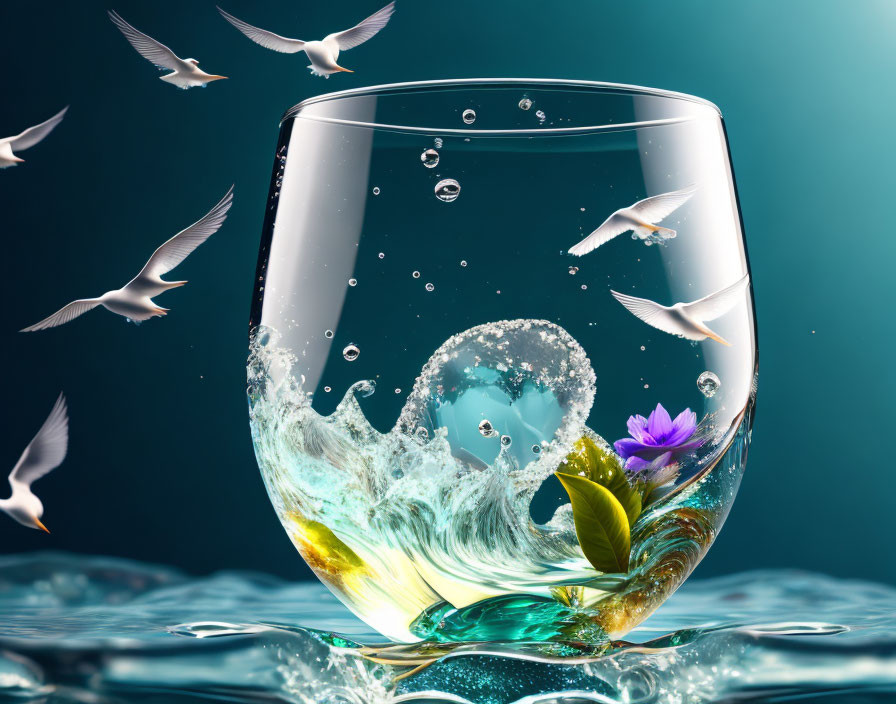 Glass of Water with Flower Splash on Teal Background with Birds and Droplets