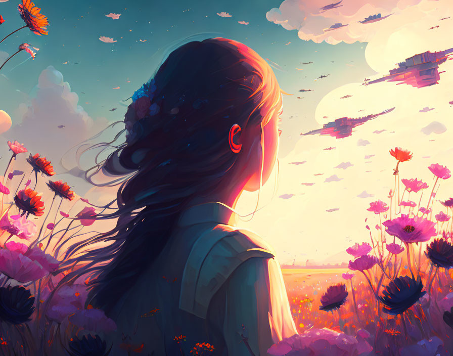 Girl admiring sky with clouds, flying ships, and pink flowers at sunset