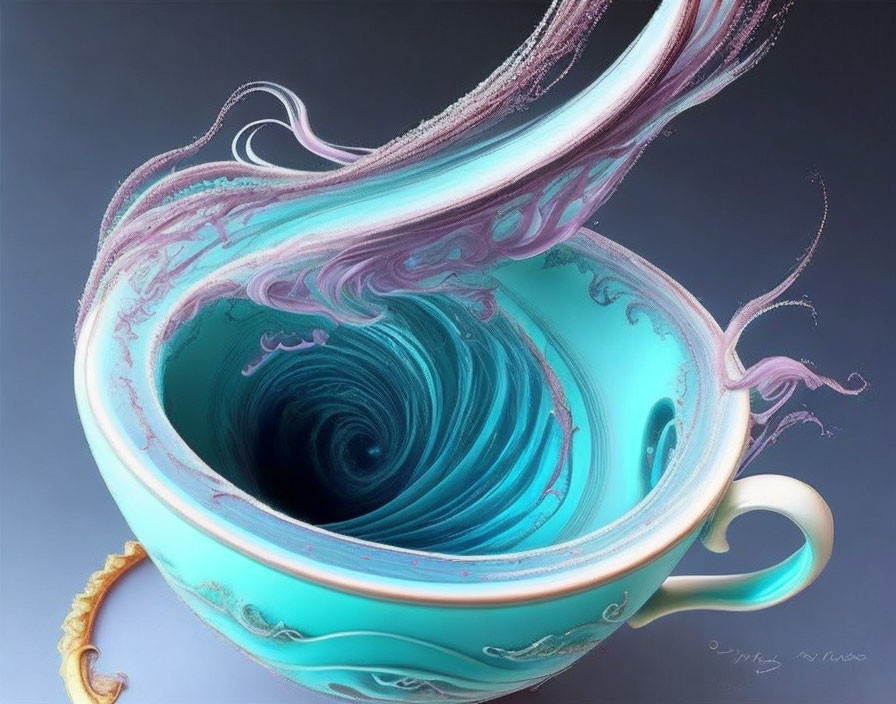 Surreal cup with swirling vortex and liquid tendrils on gradient background