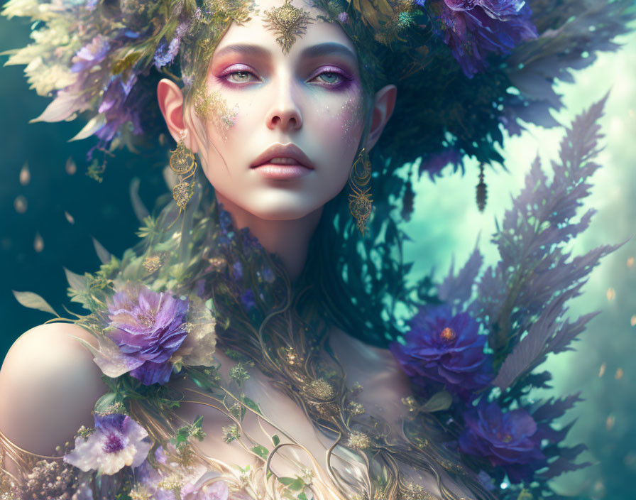 Fantasy woman portrait with violet flowers, green foliage, ethereal makeup, serene expression