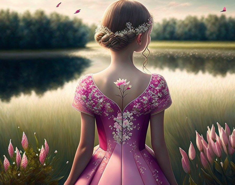 Girl in Purple Floral Dress by Lake with Flowers and Butterflies