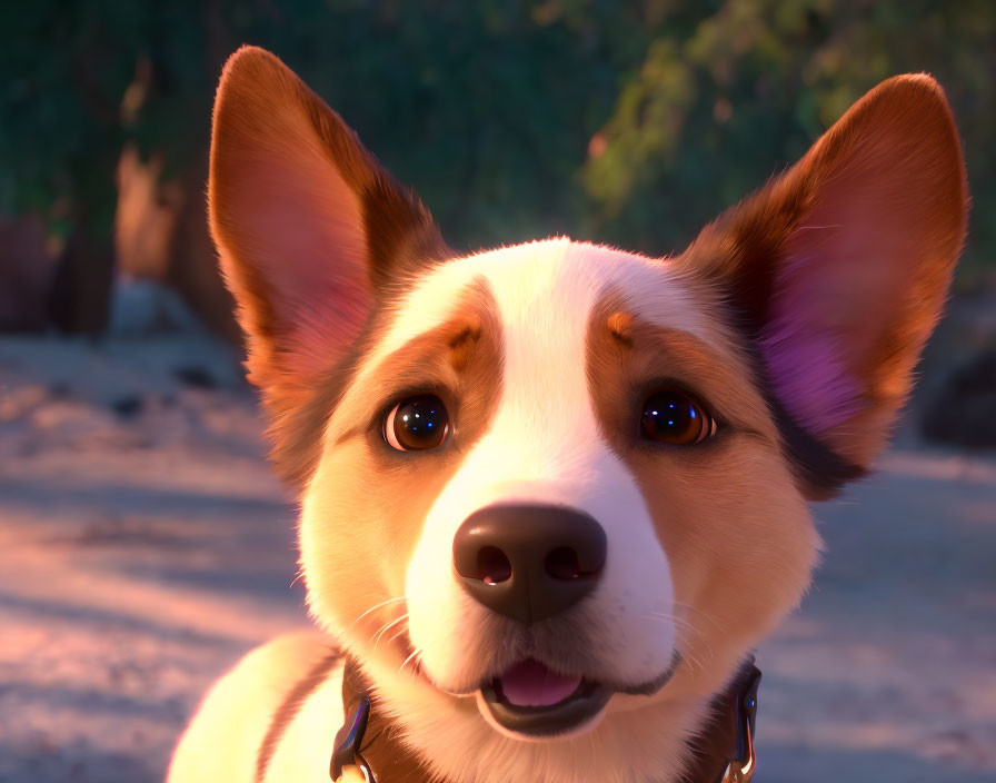 Smiling animated corgi with perky ears in warm sunset light