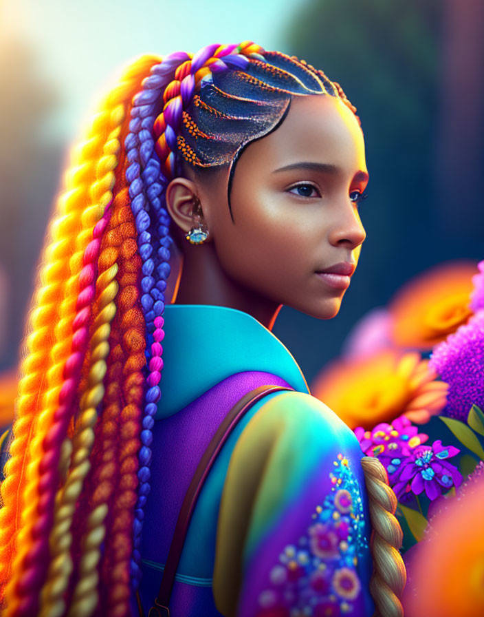 Colorful braided young woman in blue outfit with backpack among vibrant flowers