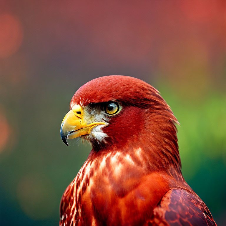 Detailed close-up of red hawk with yellow beak on vibrant background