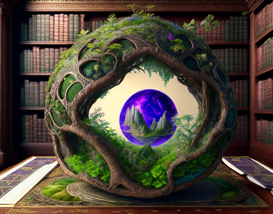 Vibrant fantasy landscape orb on open book in cozy library