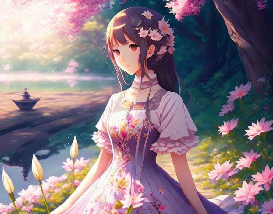 Long-haired animated girl in floral dress by blooming pond.