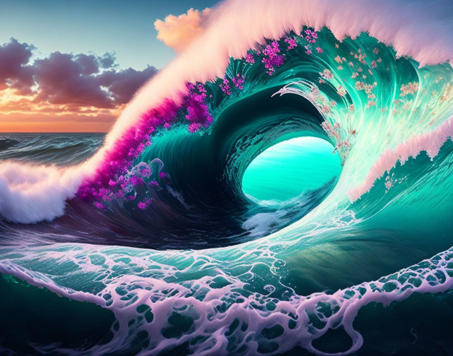 Digitally altered wave with pink flowers in turquoise sea at sunset