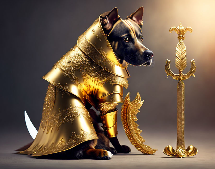 Golden armored dog with sword and shield evokes noble knight.