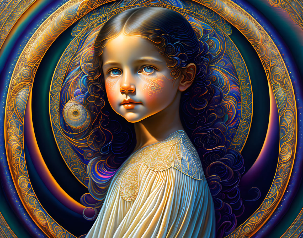 Detailed Hyperrealistic Illustration of Young Girl with Expressive Blue Eyes and Ornate Golden Patterns