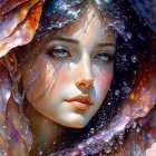 Serene young woman in colorful, iridescent swirls and water droplets