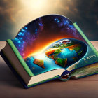 Open book with vibrant Earth pages against cosmic backdrop