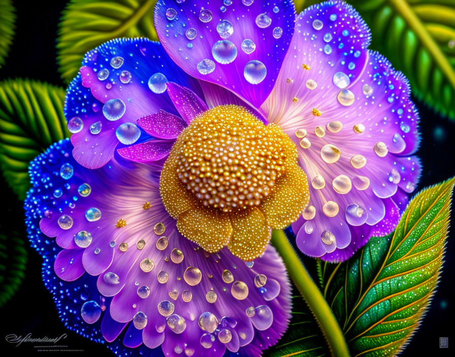 Digital Artwork: Two Purple Flowers with Water Droplets on Green Leaves