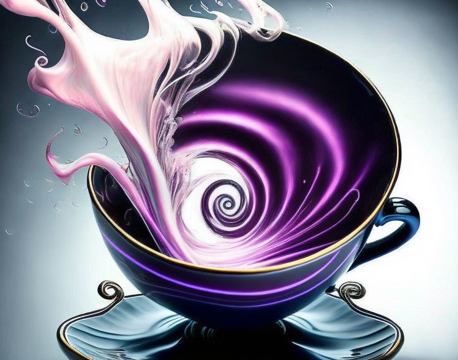 Vibrant teacup illustration with swirling purple and white liquid on cool-toned backdrop