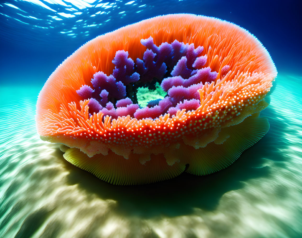 Orange jellyfish with purple tentacles swimming under sunlight