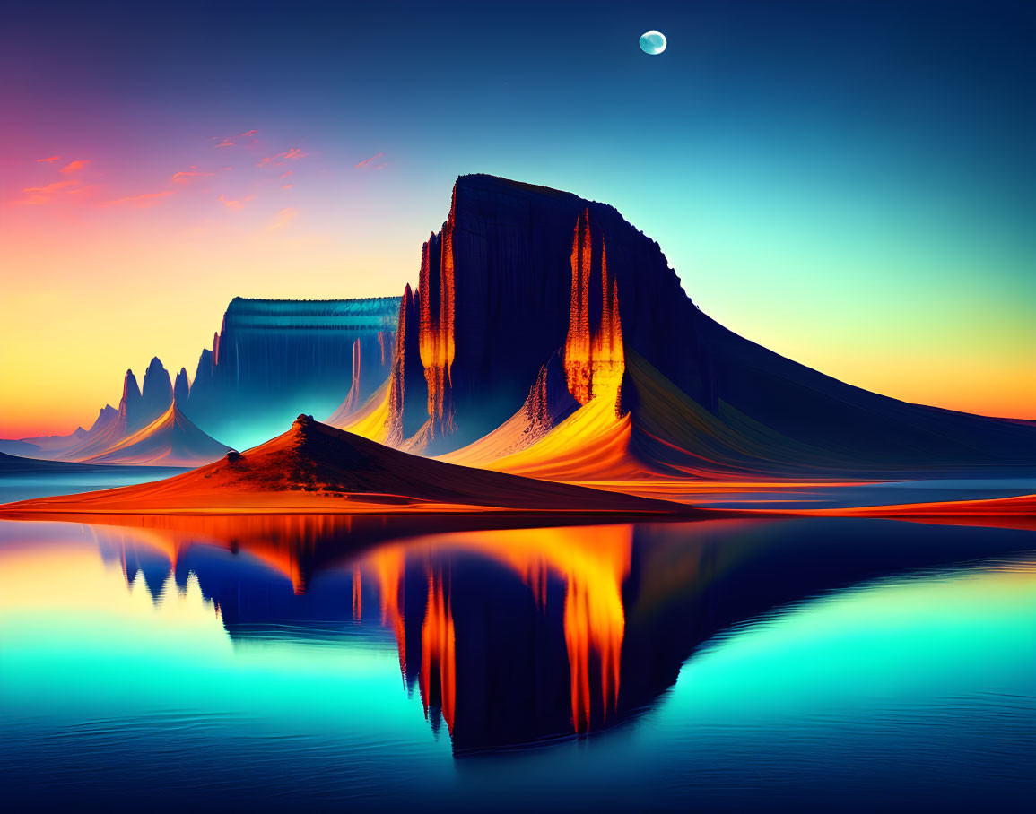 Surreal landscape digital artwork: cliffs, dunes, lake, twilight sky