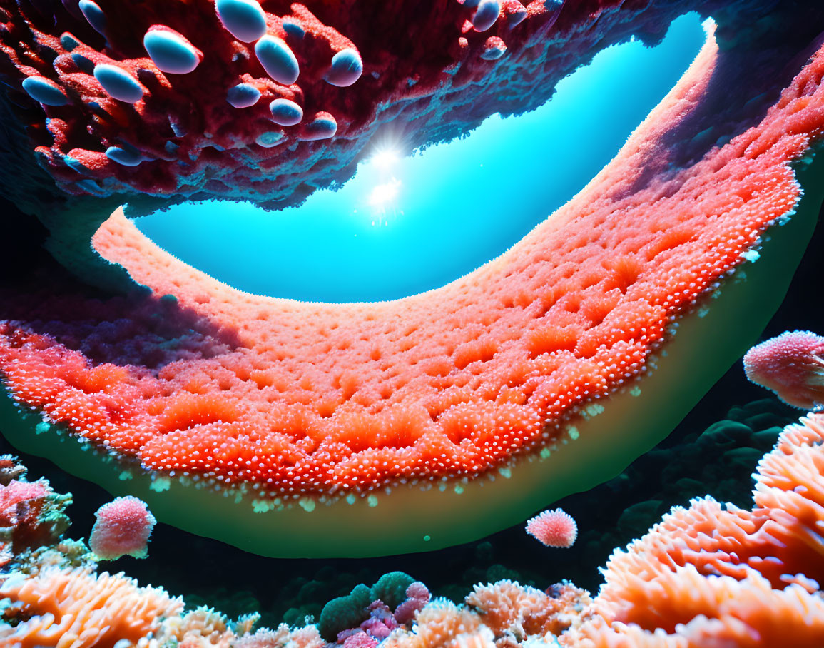 Colorful underwater scene with pink coral and marine life in sunlit opening