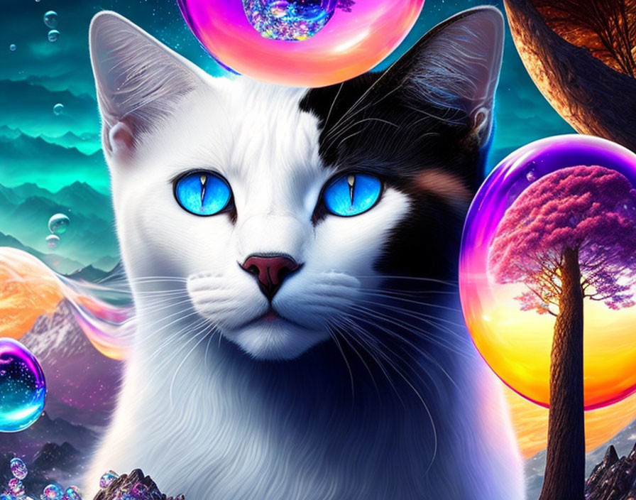 Colorful Digital Artwork: White Cat with Blue Eyes in Whimsical Landscape