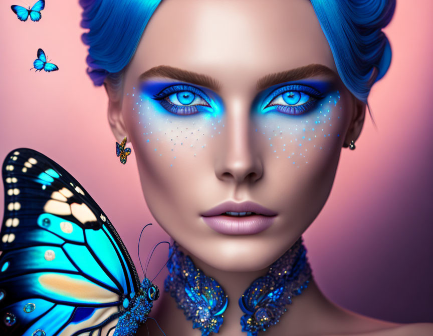 Woman with Vibrant Blue Makeup and Hair, Sparkling Adornments and Butterflies