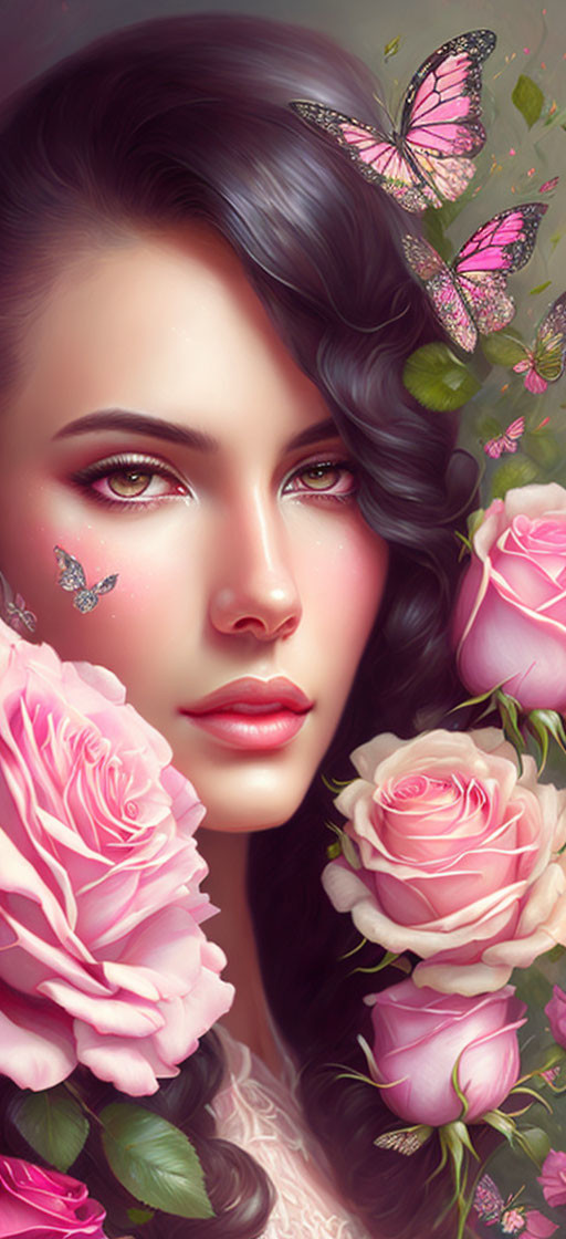 Digital Artwork: Woman with Dark Hair, Pink Roses, and Butterflies