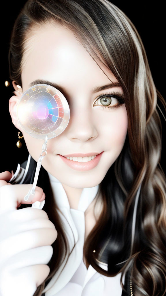 Digital artwork of woman with magnifying glass on vibrant eye