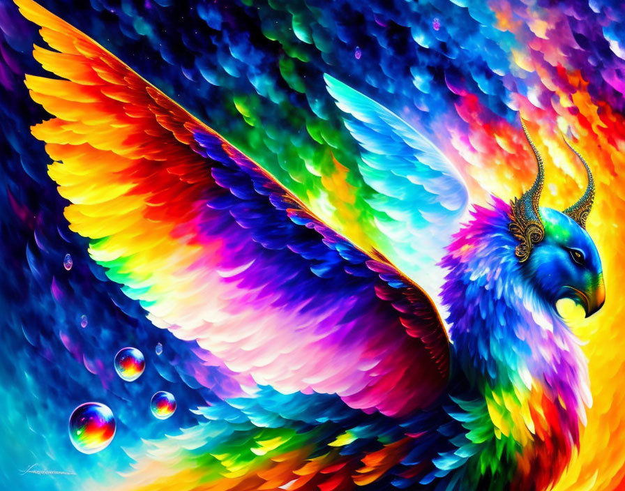 Colorful mythical bird painting with blue head and rainbow feathers.