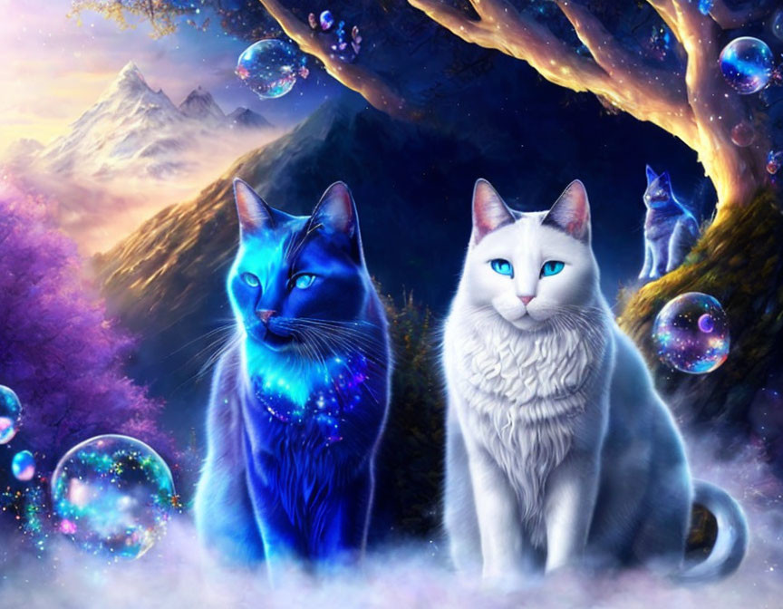 Ethereal cats with glowing eyes in celestial landscape