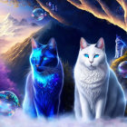 Ethereal cats with glowing eyes in celestial landscape