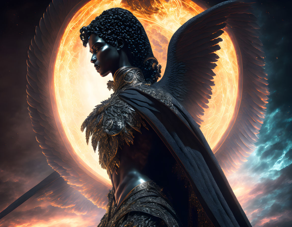 Angel Wings and Ornate Armor on Majestic Figure in Cosmic Setting