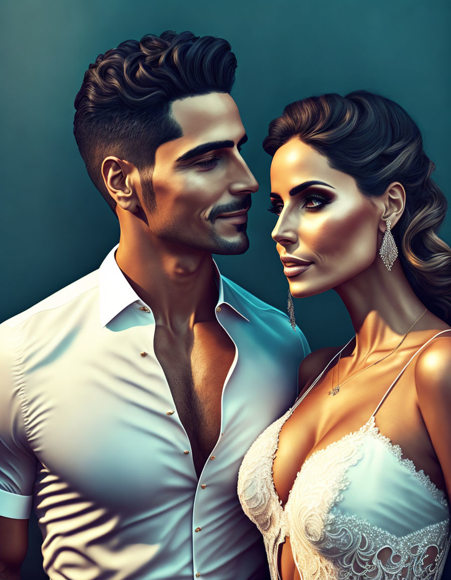 Stylish Couple in White Shirt and Lacy Top Against Blue Background