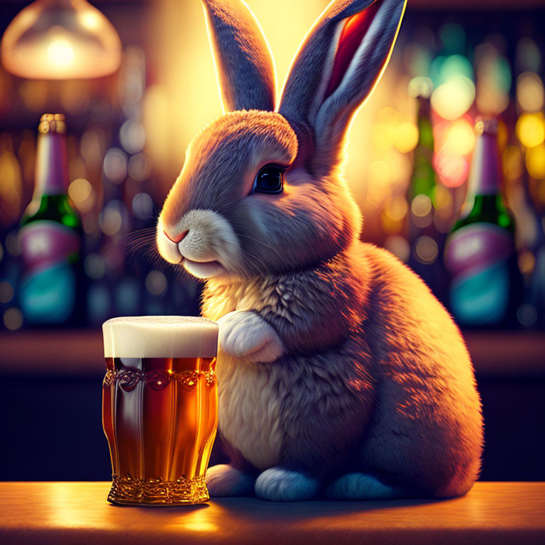 Realistic rabbit digital illustration in cozy pub setting