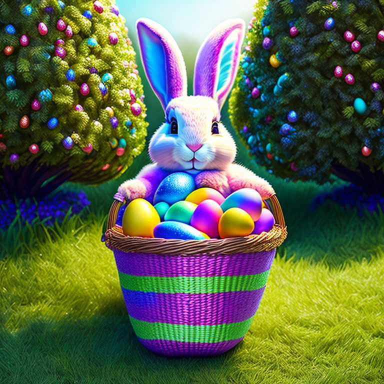 Vibrant Easter bunny illustration with colorful eggs and candy-like trees