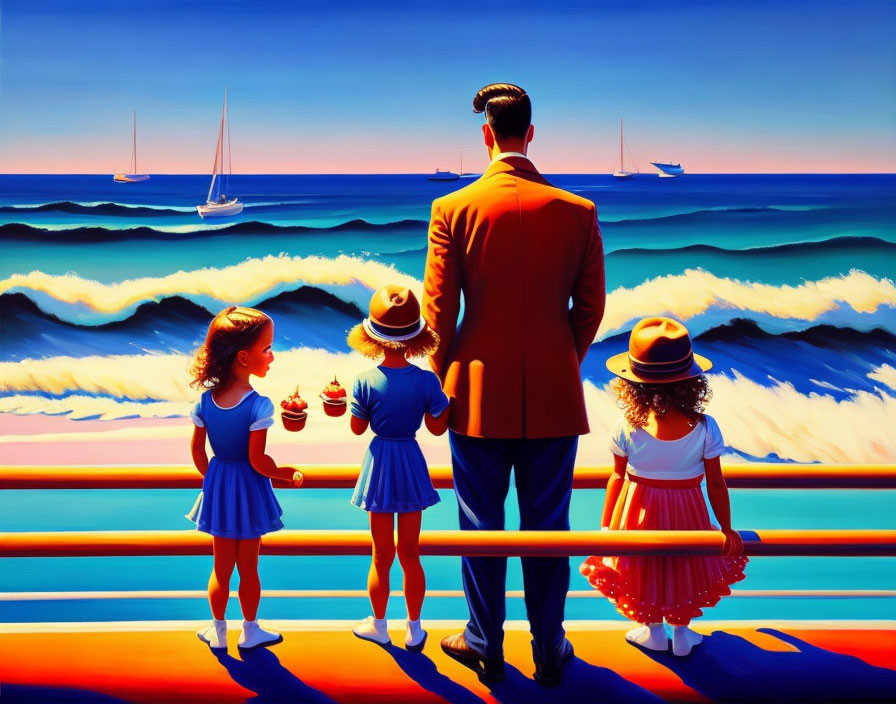 Colorful painting of man and children by the sea with sailboats.