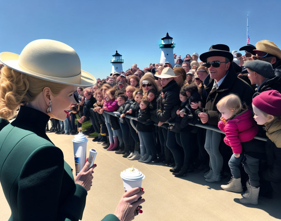 Stylishly dressed woman in cream hat with crowd and cameras under clear blue sky