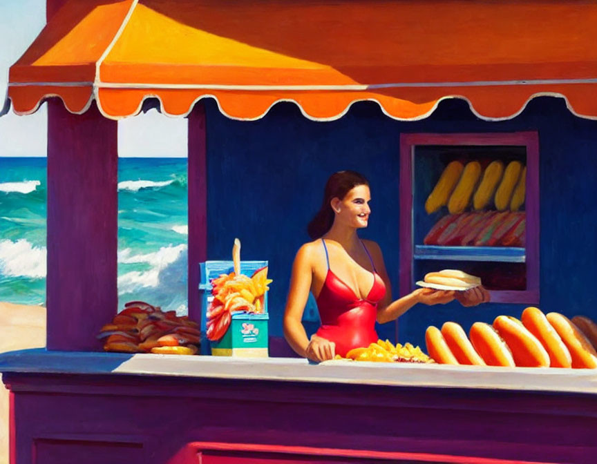 Vibrant beachside food stand with woman in red swimsuit selling hot dogs and fries