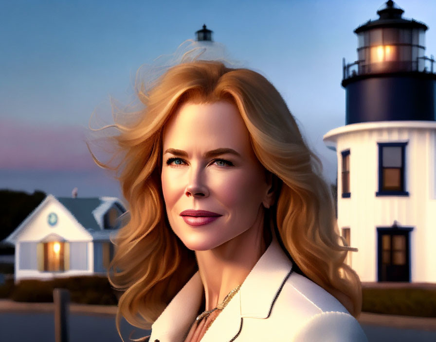 Smiling woman in white coat with lighthouse at twilight