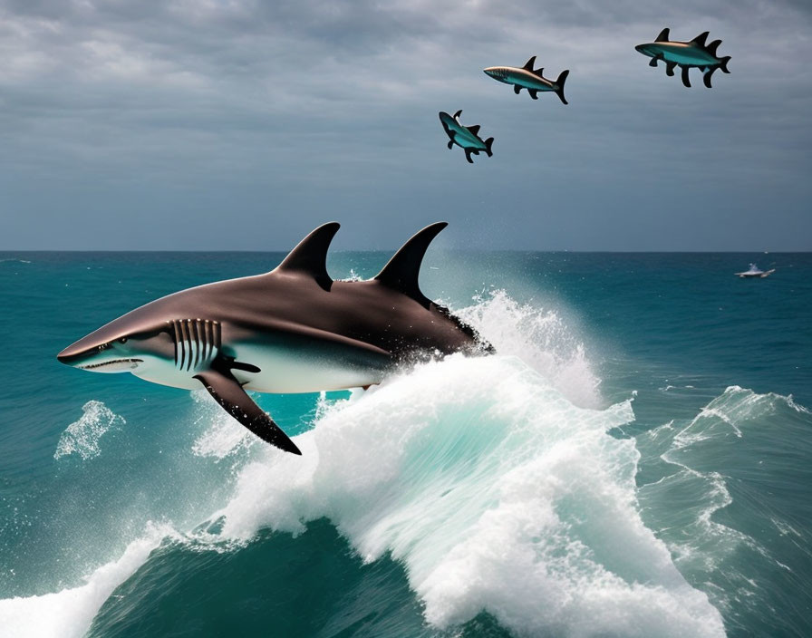 Surreal image of flying sharks in wave crest with boat and cloudy sky