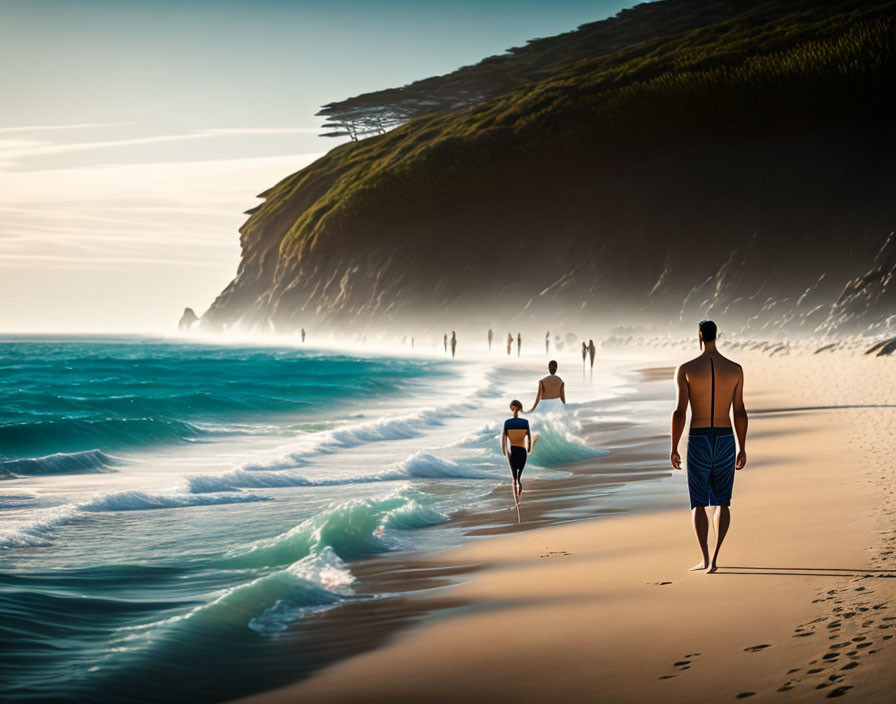 Person walking on sandy beach towards group near crashing waves and green cliff.