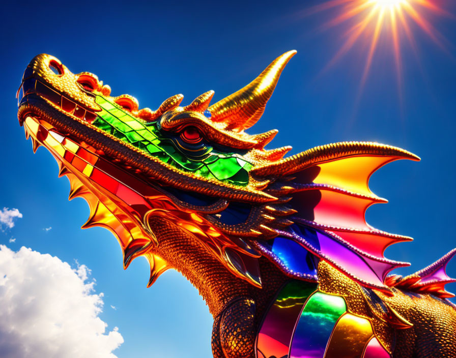 Colorful Dragon Sculpture with Glaring Eyes and Extended Wings