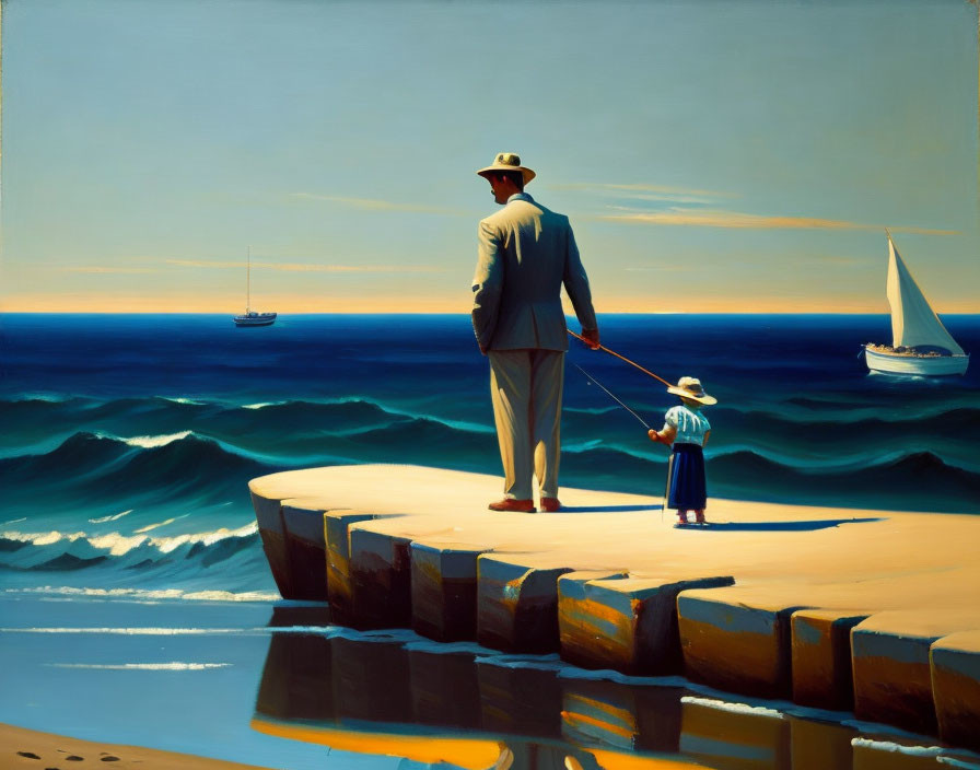 Man and child fishing on pier by sailboats in vast ocean under clear blue sky