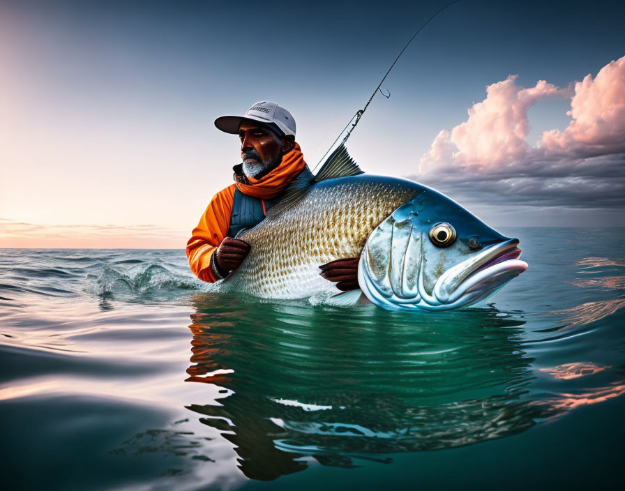 Person in Orange Jacket Holding Large Fish in Sea at Dusk