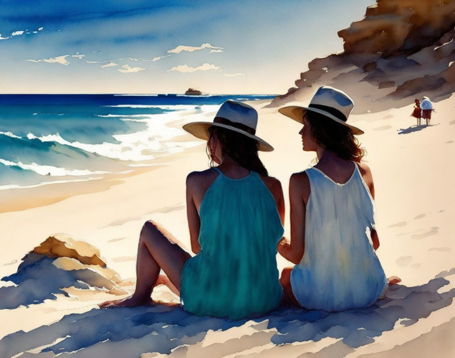 Beach scene with two people in sunhats and cliffs in background