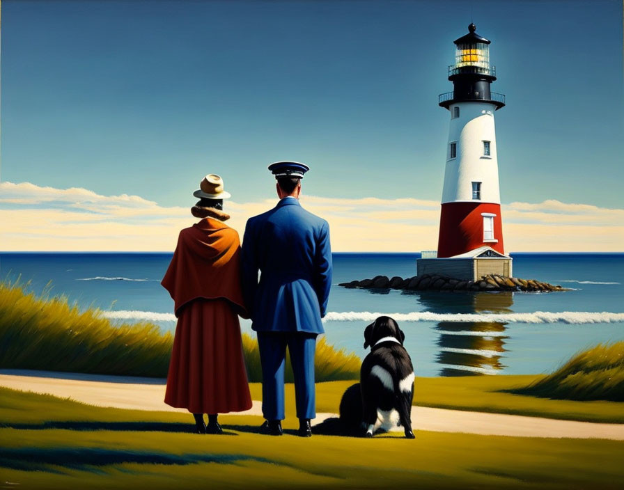 Vintage couple with black dog at lighthouse on grassy shore