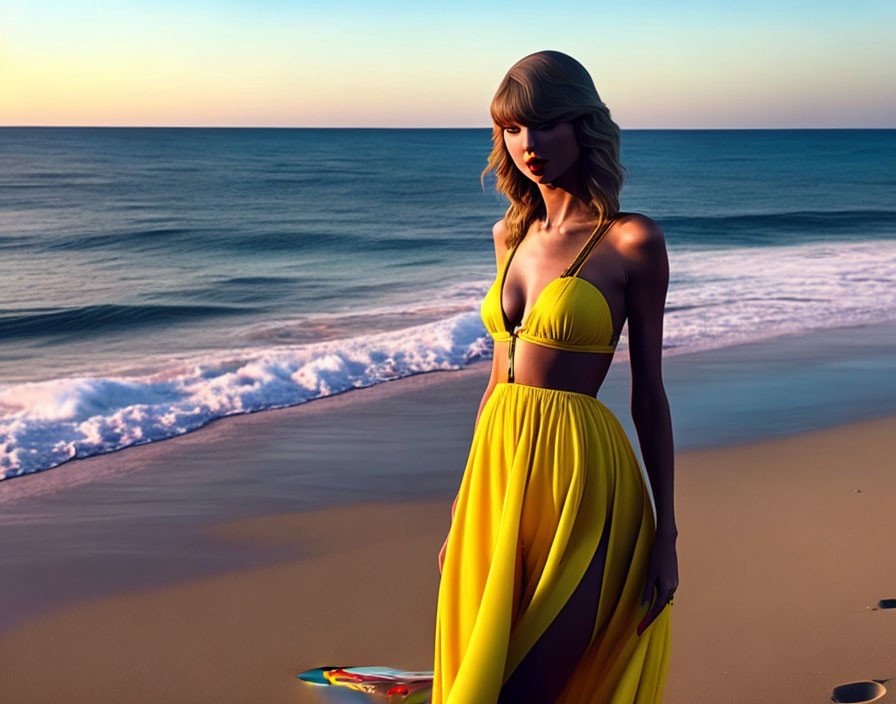 Woman in Yellow Dress on Beach at Sunset with Surfboard