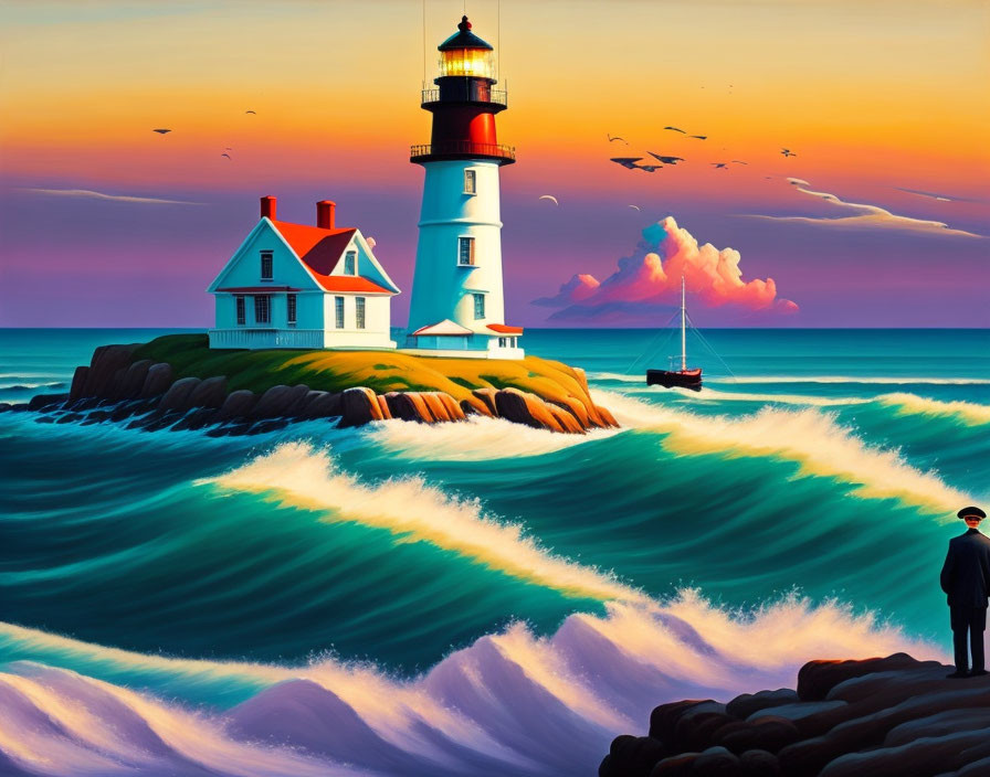 Lighthouse painting: Rocky coast, crashing waves, boat, person at sunset